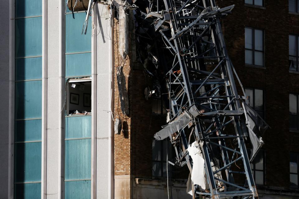 A Thursday photos shows a collapsed construction crane that broke the windows of an office building in downtown St. Petersburg, Florida, Wednesday night. (REUTERS/Octavio Jones)