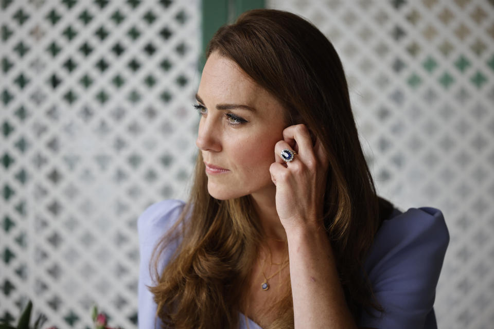 Britain's Kate, Duchess of Cambridge attends a reception for parents of users of a Centre for Early Childhood, on the day of the launch of the Royal Foundation Centre for Early Childhood at Kensington Palace in London, Friday, June 18, 2021. (Tolga Akmen/Pool Photo via AP, File)