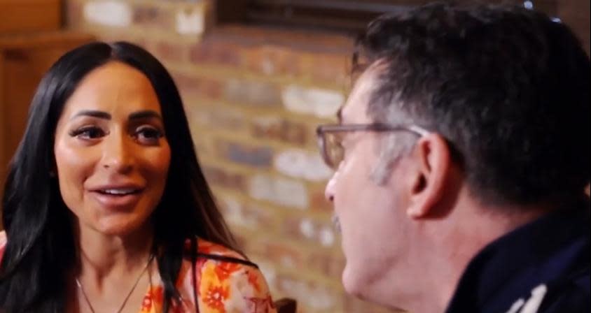 Angelina Pivarnick meets her biological father at Moore's Tavern in Freehold on the Feb. 8 episode of "Jersey Shore Family Vacation."