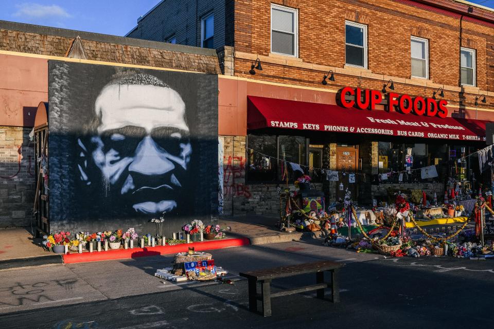 A mural of George Floyd is shown at the intersection of 38th St & Chicago Ave. in Minneapolis, Minnesota. That's the location where Floyd died while in police custody last Memorial Day.