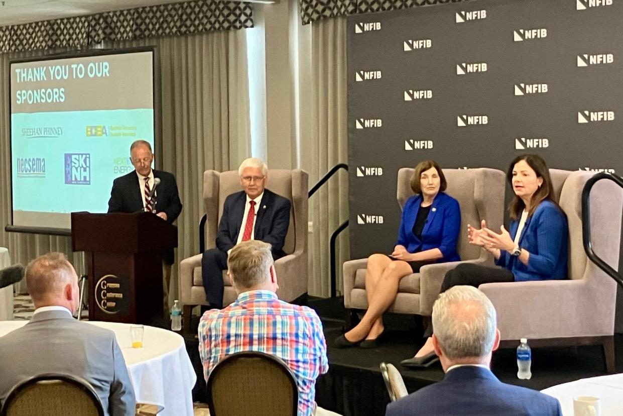 Left to right, New Hampshire gubernatorial candidates Chuck Morse, a Republican, Cinde Warmington, a Democrat, and Kelly Ayotte, a Republican, at a gubernatorial forum hosted by the National Federation of Independent Business (NFIB), on June 20, 2024. Democratic gubernatorial candidate Joyce Craig did not attend the debate.