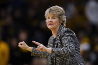 Iowa head coach Lisa Bluder directs her team in the first half of a second-round college basketball game against Georgia in the NCAA Tournament, Sunday, March 19, 2023, in Iowa City, Iowa. (AP Photo/Charlie Neibergall)