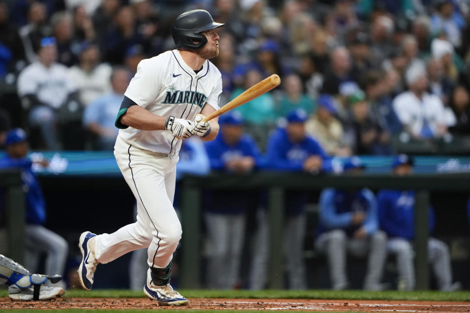 Seattle Mariners' Luke Raley follows through on a two-run home run against the Kansas City Royals during the second inning of a baseball game Monday, May 13, 2024, in Seattle. (AP Photo/Lindsey Wasson)