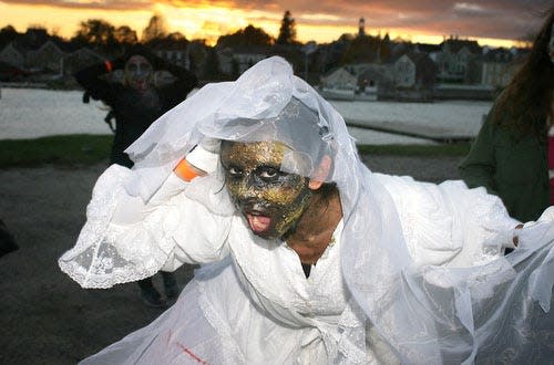 Portsmouth Halloween Parade zombie bride, Emma Sosa of Durham, in Portsmouth, N.H. Sunday, Oct. 31,  2010.