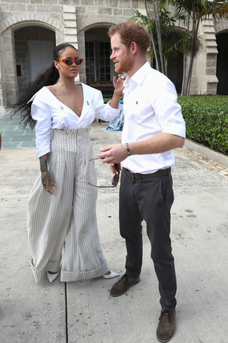 Rihanna's final look consisted of pinstriped trousers by Jacquemus [Photo: Getty]