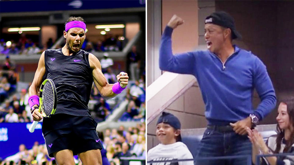 Rafael Nadal (pictured left) celebrating and Tiger Woods (pictured right) fist-pumping in the crowd.