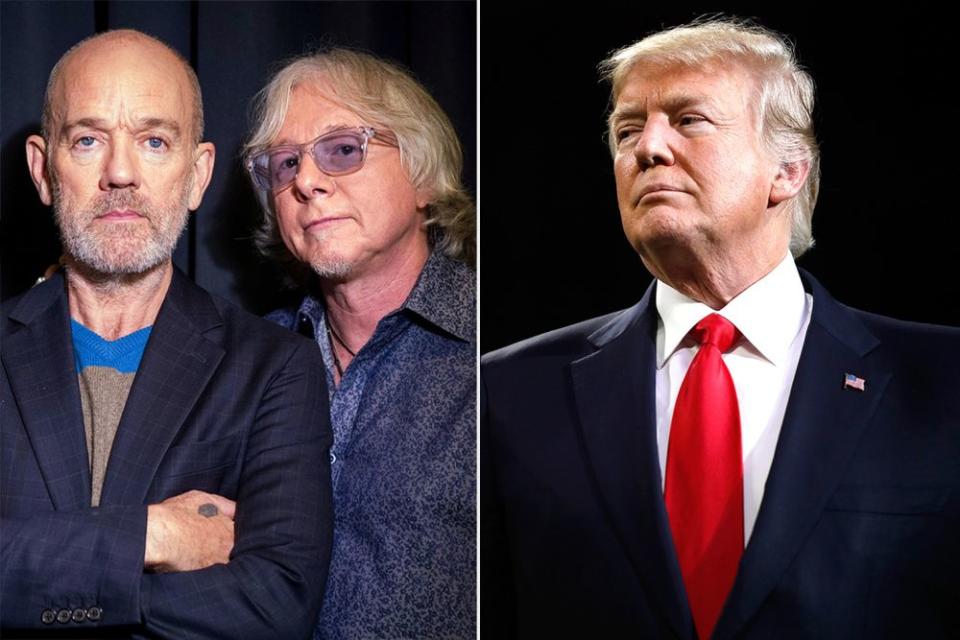 R.E.M. members Michael Stipe and Mike Mills, and President Donald Trump | Matt Licari/Invision/AP/Shutterstock; Jamie Squire/Getty