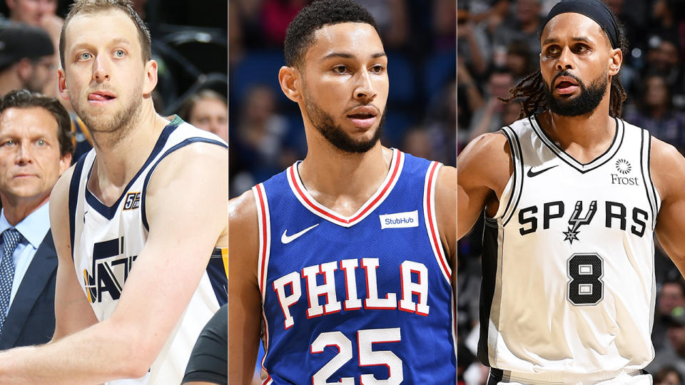 Australian NBA stars Joe Ingles, Ben Simmons and Patty Mills are all poised for big seasons in 2019-2020. Pictures: Getty Images