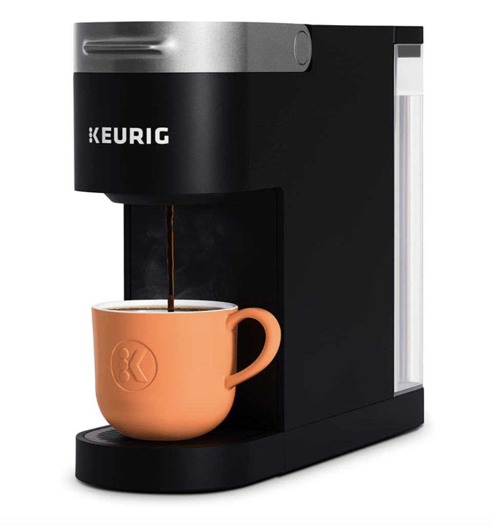 Keurig K-Slim Single Serve K-Cup Pod Coffee Maker with orange coffee cup (Photo via Amazon)