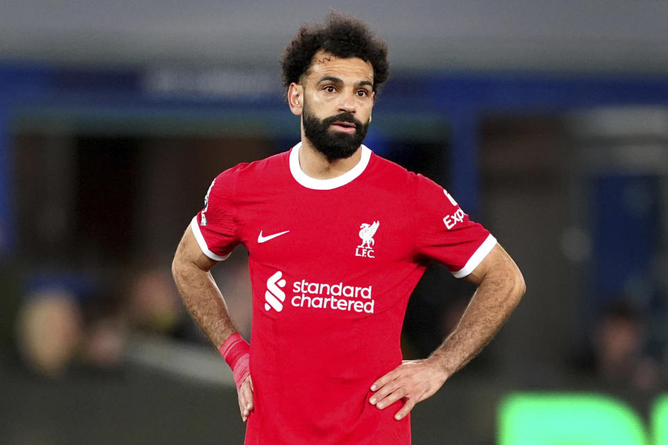 Liverpool's Mohamed Salah standing on the pitch during the English Premier League soccer match between Everton and Liverpool at the Goodison Park stadium in Liverpool, Britain, Wednesday, April 24, 2024. (Peter Byrne/PA via AP)