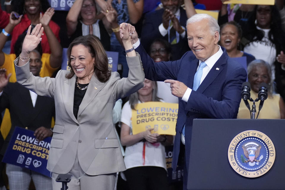 President Joe Biden and Vice President Kamala Harris finish speaking about their administration's efforts to lower prescription drug costs during an event at Prince George's Community College in Largo, Md., Thursday, Aug. 15, 2024. (AP Photo/Stephanie Scarbrough)