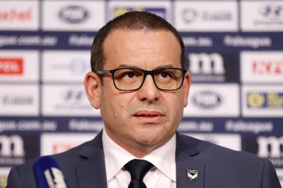 This photo shows Melbourne Victory chair Anthony Di Pietro fronting an A-League press conference.