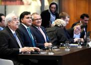 Anwar Mansoor, Mohammad Faisal and Shujjat Ali Rathore are seen at the International Court of Justice before the issue of a verdict in the case of Indian national Kulbhushan Jadhav, in The Hague