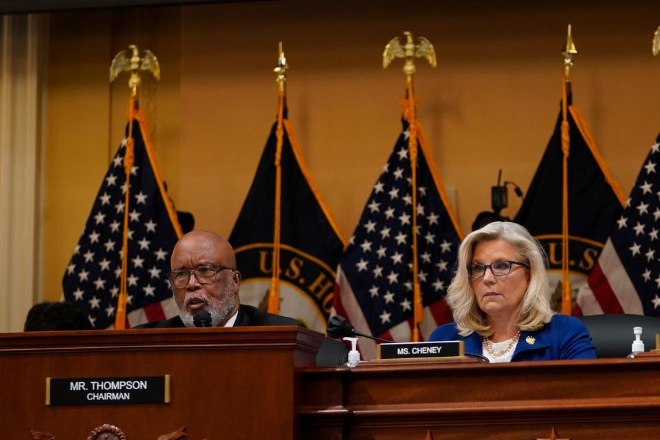 Rep. Bennie Thompson (D-Miss.), with Rep. Liz Cheney, R-Wyo, at right, opens the public hearing before the House select committee to investigate the January 6 attack on the United States Capitol on Oct. 13, 2022.