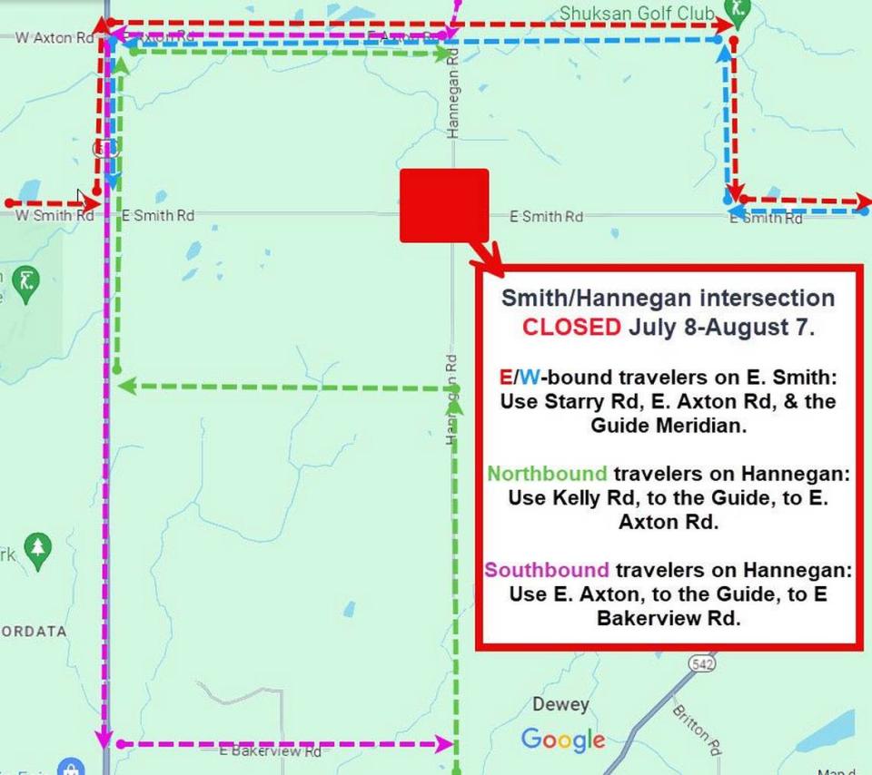 A map shows a detour around the construction site for a roundabout at Smith and Hannegan roads.