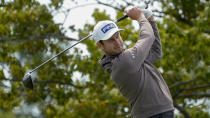 Harris English, of the United States, plays his shot from the second tee during the final round of the US Open Golf Championship, Sunday, Sept. 20, 2020, in Mamaroneck, N.Y. (AP Photo/Charles Krupa)