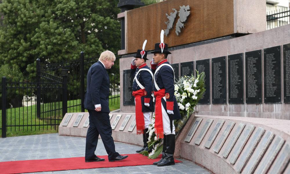 Foreign Secretary Boris Johnson lays a wreath in honour of those who died on both sides of the 1982 Falkland Islands conflict in Buenos Aires, Argentina.
