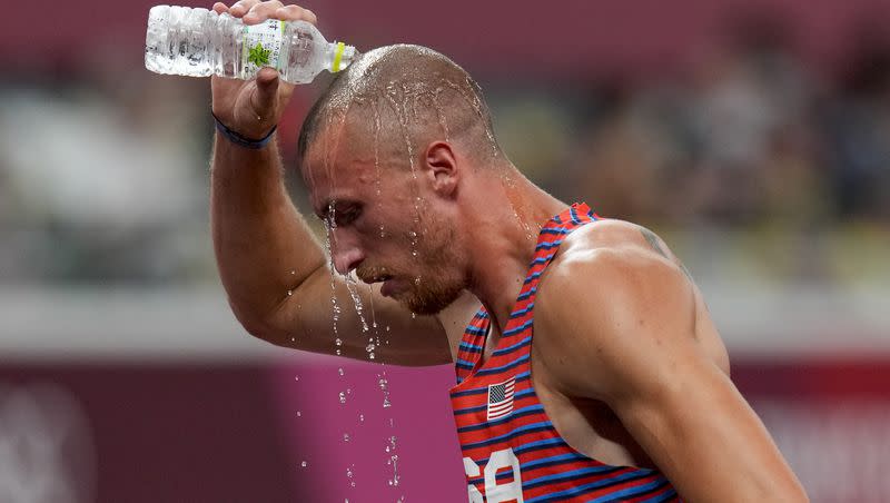 Zachery Ziemek, of the United States, cools off after a heat of the men’s decathlon 400 meters at the 2020 Summer Olympics, on Wednesday, Aug. 4, 2021, in Tokyo.