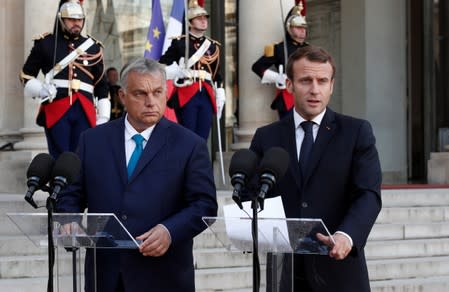 French President Emmanuel Macron meets with Hungarian Prime Minister Viktor Orban at the Elysee Palace in Paris