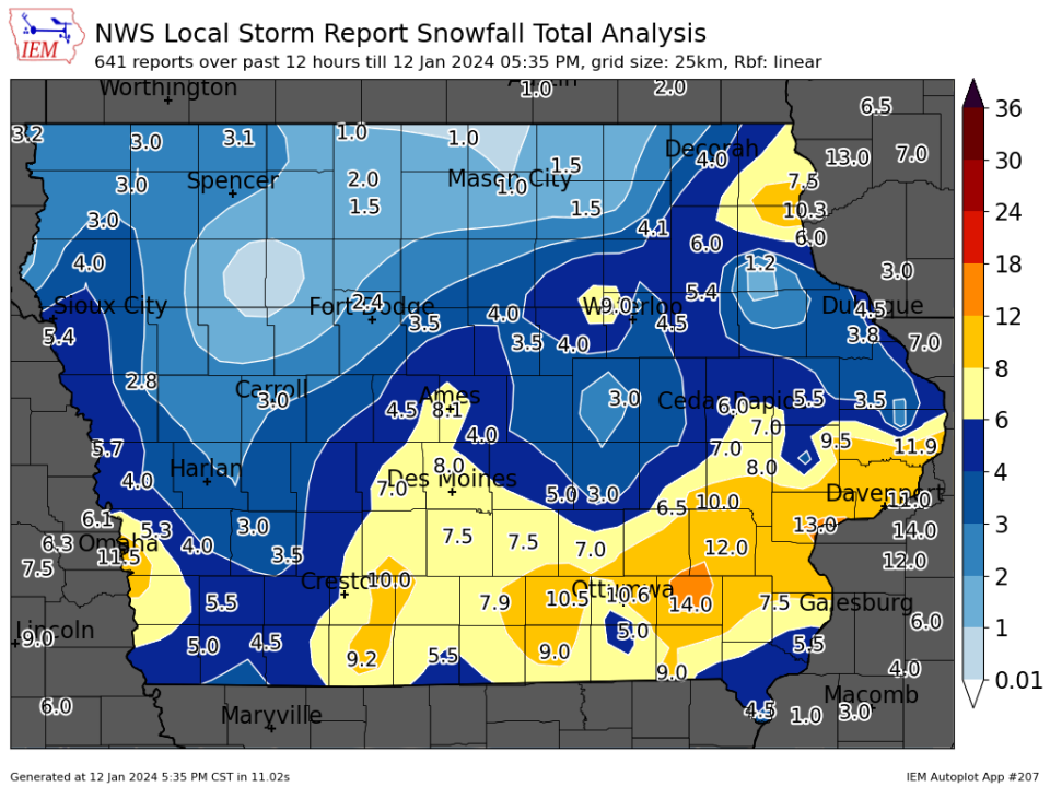 5 p.m. snowfall totals for Jan. 12.