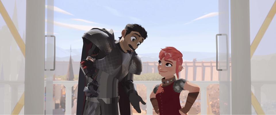 Ballister Boldheart (voice of Riz Ahmed) and Nimona (voice of Chloe Grace Moretz in Nimona (Netflix)