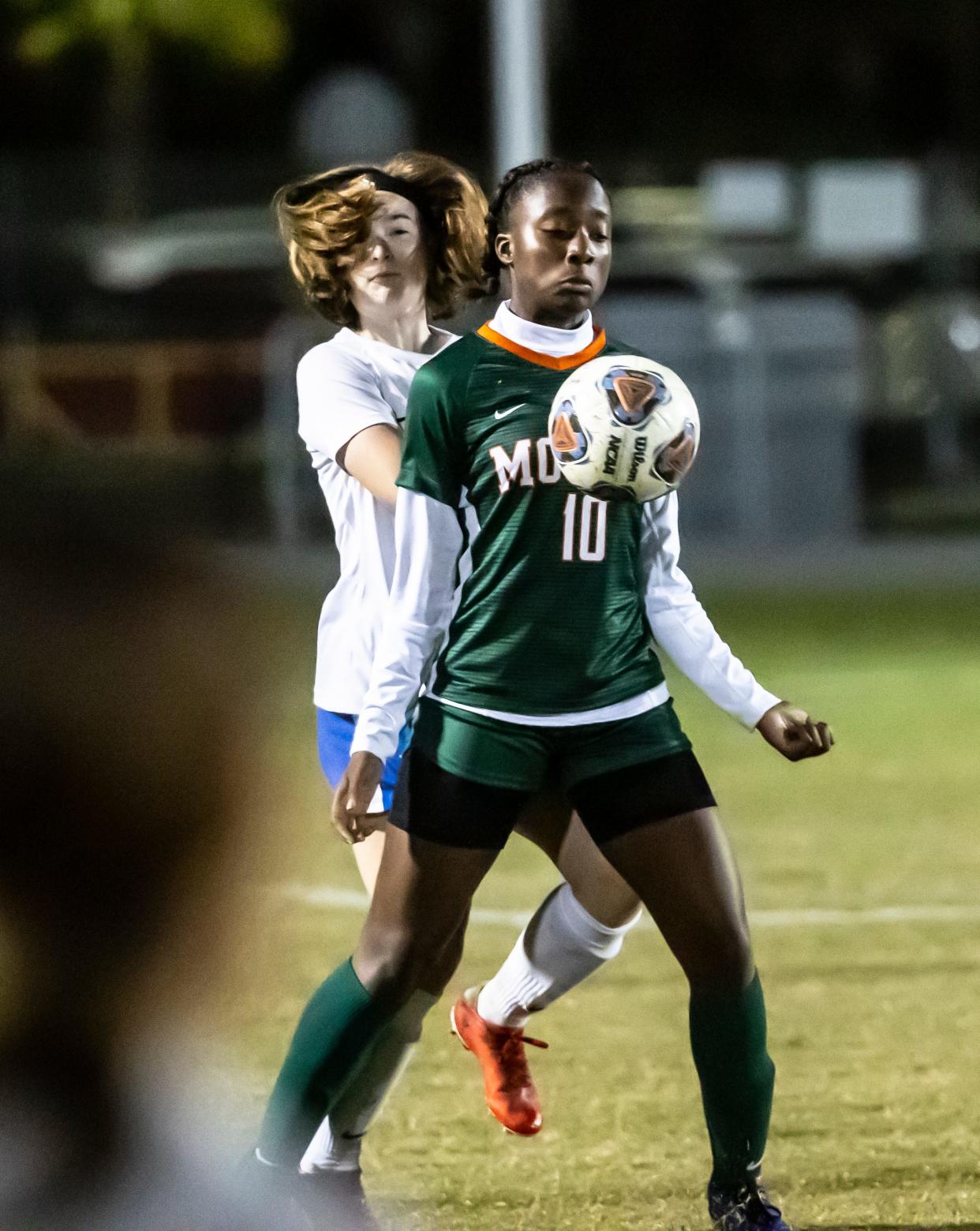 Mosley sophomore Zamiyah Hill puts a stop to a Marlin drive. Arnold and Mosley faced off in girls soccer at Gavlak Stadium Tuesday, December 14, 2021 with the Marlins getting the win 4-2.