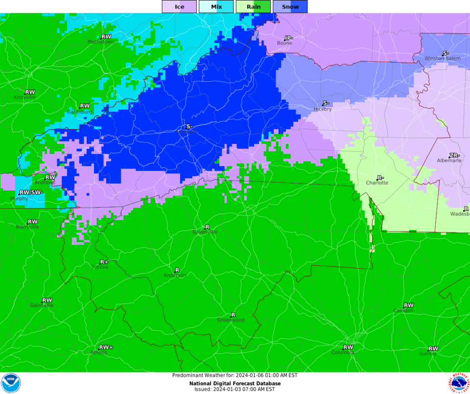 The predominant weather outlook at 1 a.m. on Jan 6, according to the National Weather Service.