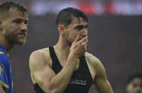 Ukraine's Roman Yaremchuk reacts at the end of the World Cup 2022 qualifying play-off soccer match between Wales and Ukraine at Cardiff City Stadium, in Cardiff, Wales, Sunday, June 5, 2022. Wales won 1-0. (AP Photo/Rui Vieira)