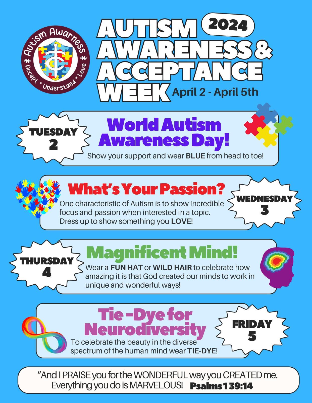 A flyer distributed at Trinity Christian Academy shows the lineup of Autism Awareness events planned for 2024. The events were called off by the school's pastor.