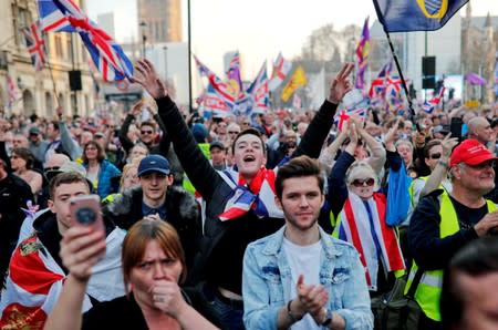FILE PHOTO: Pro-Brexit protesters gesture and wave flags outside the Houses of Parliament in London