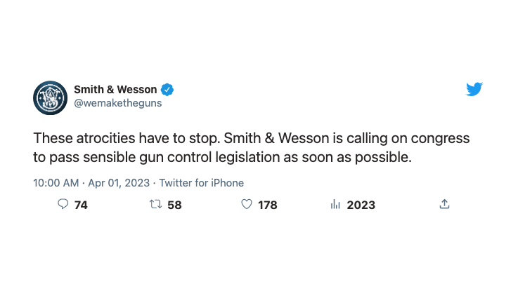 A fake tweet reading "These atrocities have to stop. Smith & Wesson is calling on congress to pass sensible gun control legislation as soon as possible."