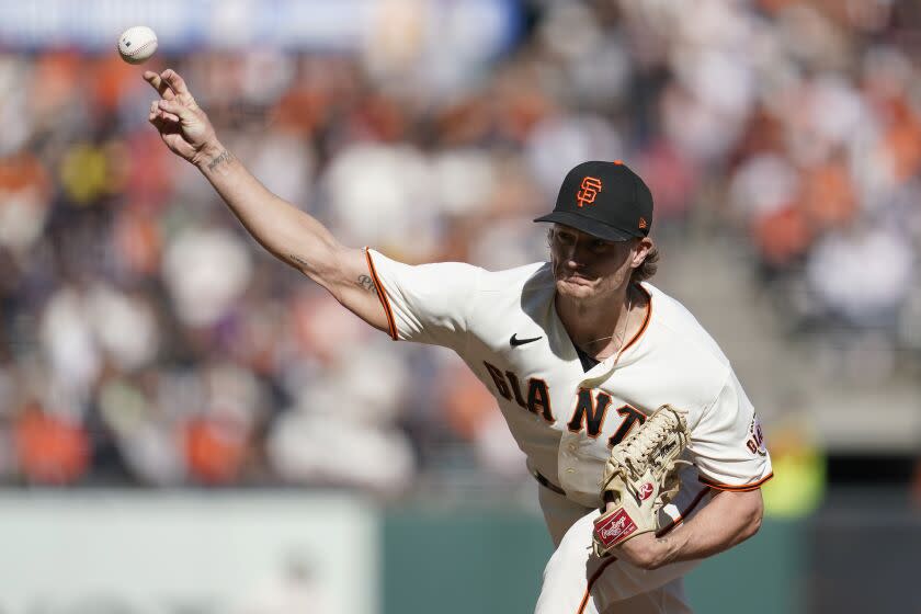 San Francisco Giants' Shelby Miller pitches against the Arizona Diamondbacks during the seventh inning of a baseball game in San Francisco, Sunday, Oct. 2, 2022. (AP Photo/Jeff Chiu)