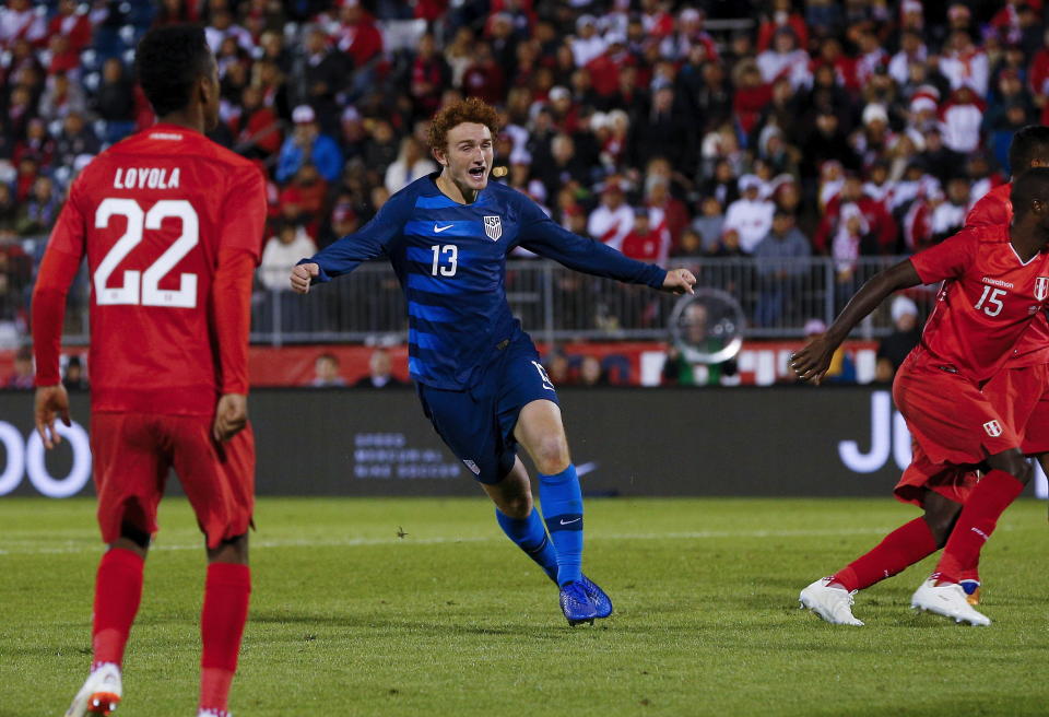 Josh Sargent celebrates his first-half goal for rthe United States in Tuesday’s 1-1 tie against Peru.