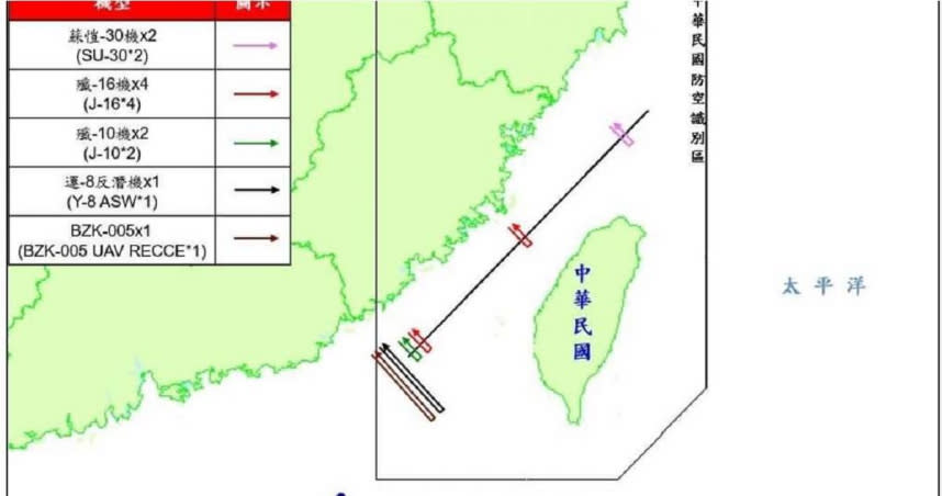 國防部今(4)日表示，偵獲共機25架次(其中逾越海峽中線及其延伸線進入西南空域10架次)、共艦4艘次，持續在臺海周邊活動。（國防部提供）