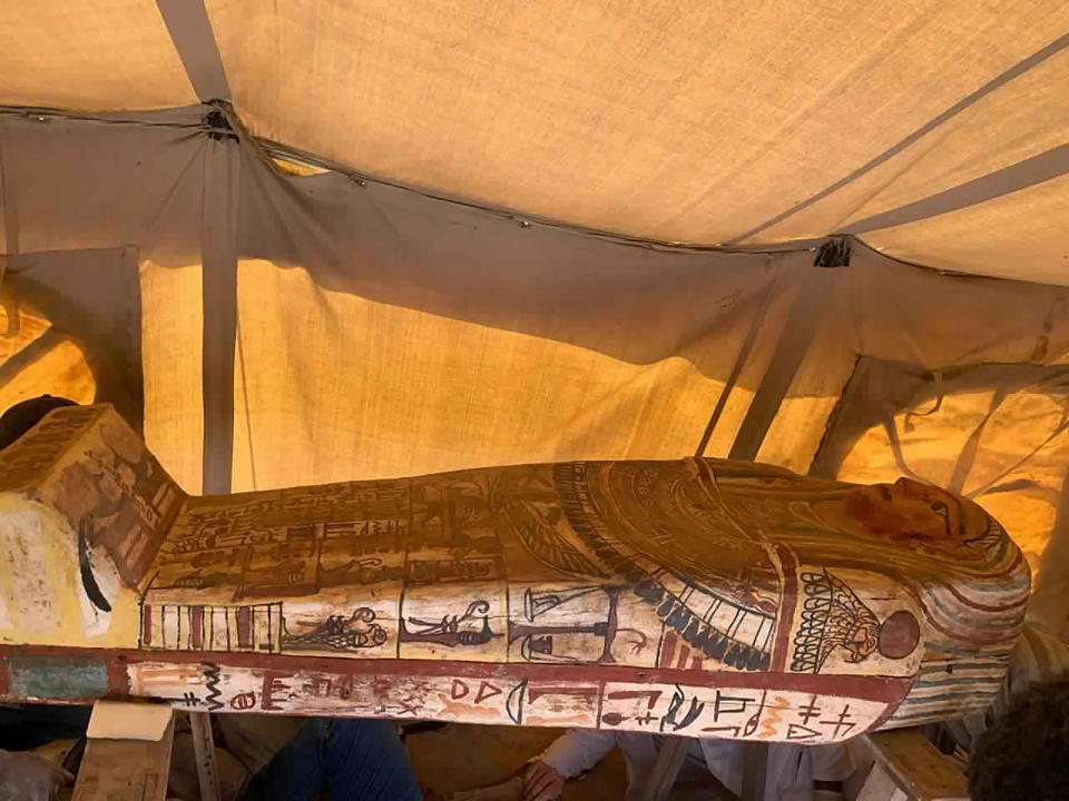 This Sept. 2020 photo provided by the Ministry of Tourism and Antiquities shows one of more than two dozen ancient coffins unearthed near the famed Step Pyramid of Djoser in Saqqara, south of Cairo, Egypt. (Ministry of Tourism and Antiquities via AP)