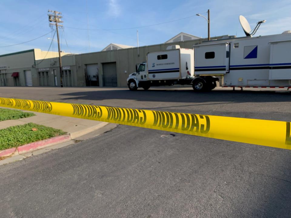 The Stockton Police Department's mobile command center is at Aurora and Washington streets at the scene of a shooting of a Stockton firefighter Monday morning.