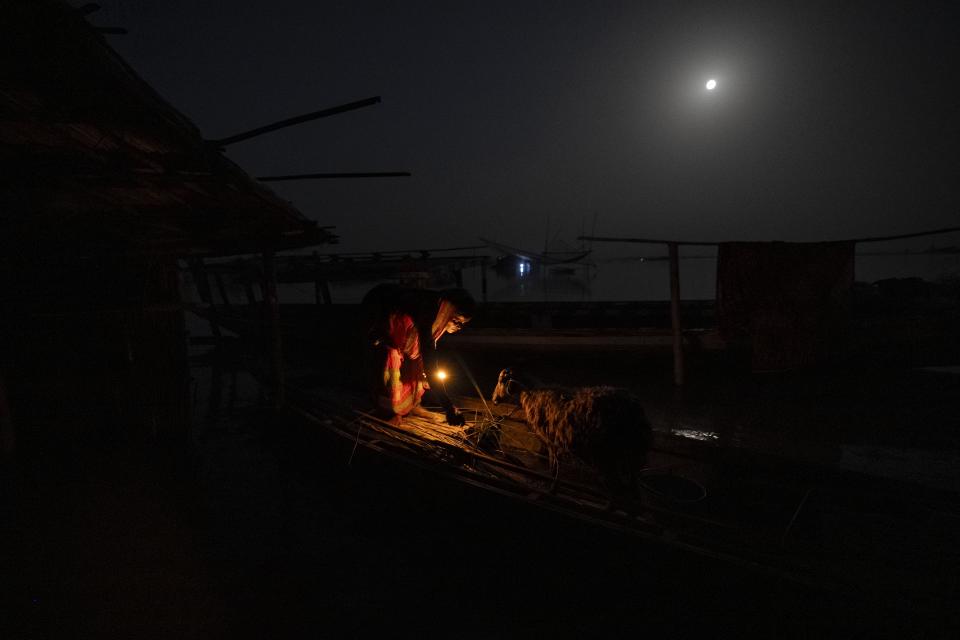 Monuwara Begum, 45, feeds a sheep on a boat in the floodwaters in Sandahkhaiti, a floating island village in the Brahmaputra River in Morigaon district, Assam, India, Tuesday, Aug. 29, 2023. (AP Photo/Anupam Nath)