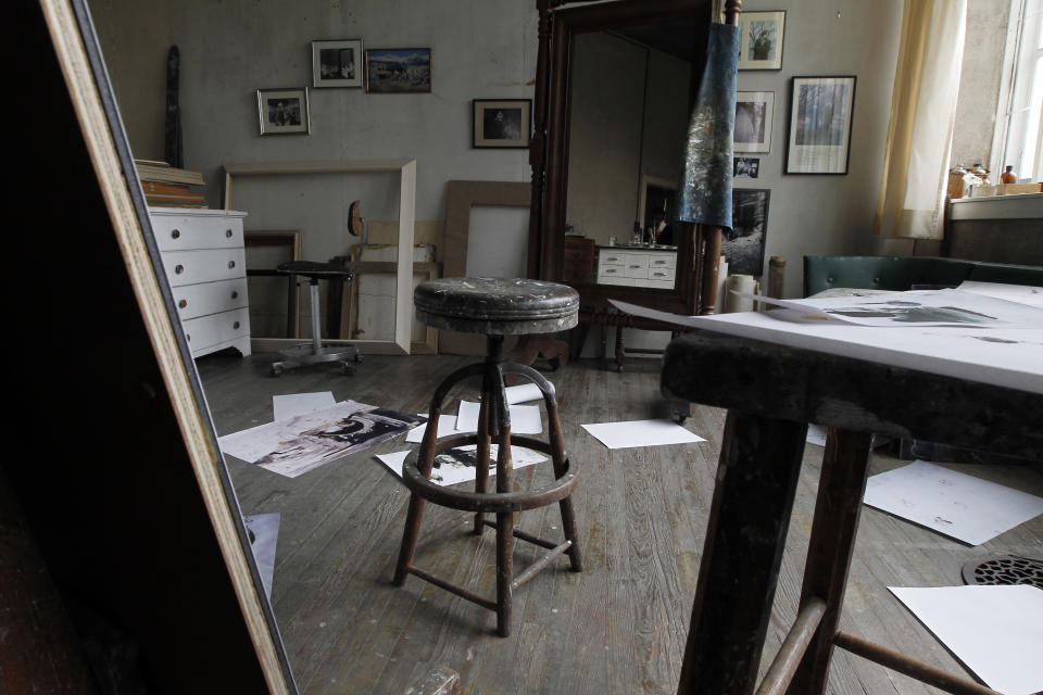 A stool sits in the middle of the room during a preview tour of the home and studio of artist Andrew Wyeth Monday, April 23, 2012 in Chadd's Ford, Pa. The studio will be open for tours in the summer of 2012 by the Brandywine River Museum. (AP Photo/Alex Brandon)