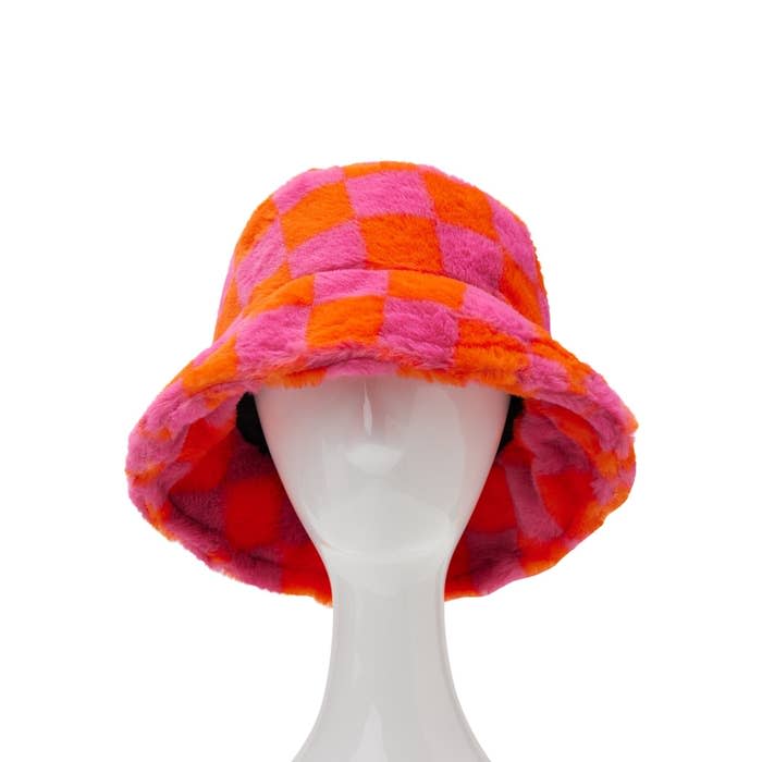 orange and pink checkered hat