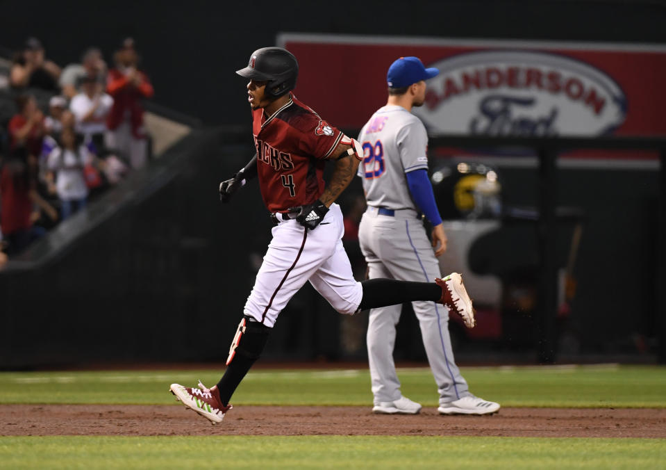 PHOENIX, ARIZONA - JUNE 02:  Ketel Marte #4 of the Arizona Diamondbacks rounds the bases after hitting a solo home run during the first inning against the New York Mets at Chase Field on June 02, 2019 in Phoenix, Arizona. (Photo by Norm Hall/Getty Images)