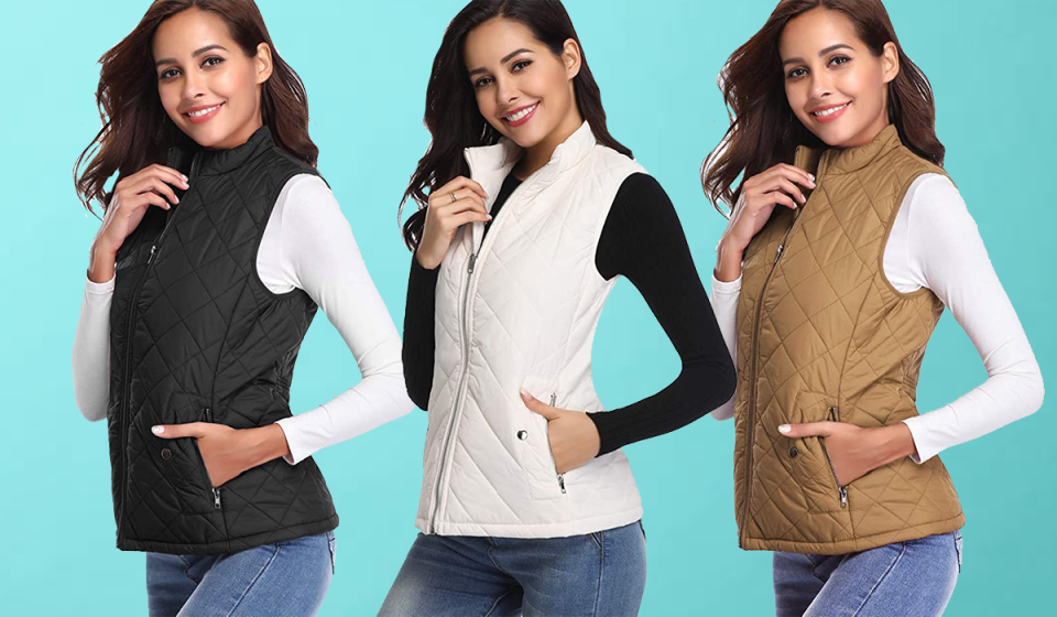 woman wearing puffer vest in 3 colors