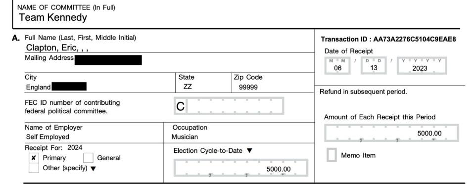 Clapton's donation to Kennedy's campaign.