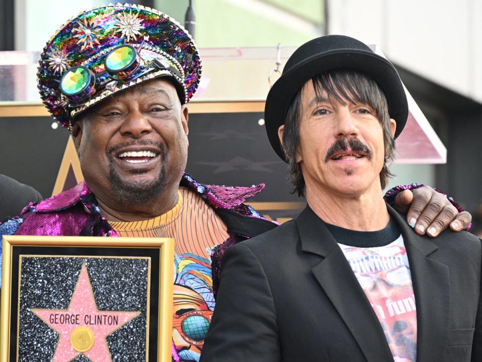 George Clinton (left) and The Red Hot Chili Peppers’ Anthony Kiedis at the unveiling of Clinton’s star on the Hollywood Walk of Fame (Robyn Beck/AFP via Getty Images)