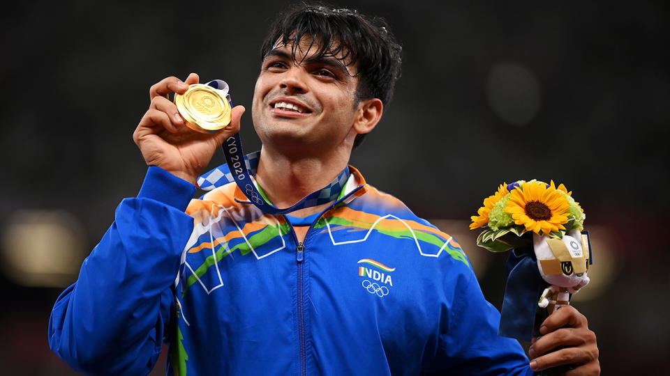 Neeraj Chopra, pictured here after becoming India's first individual Olympic gold medallist at the Tokyo Games.