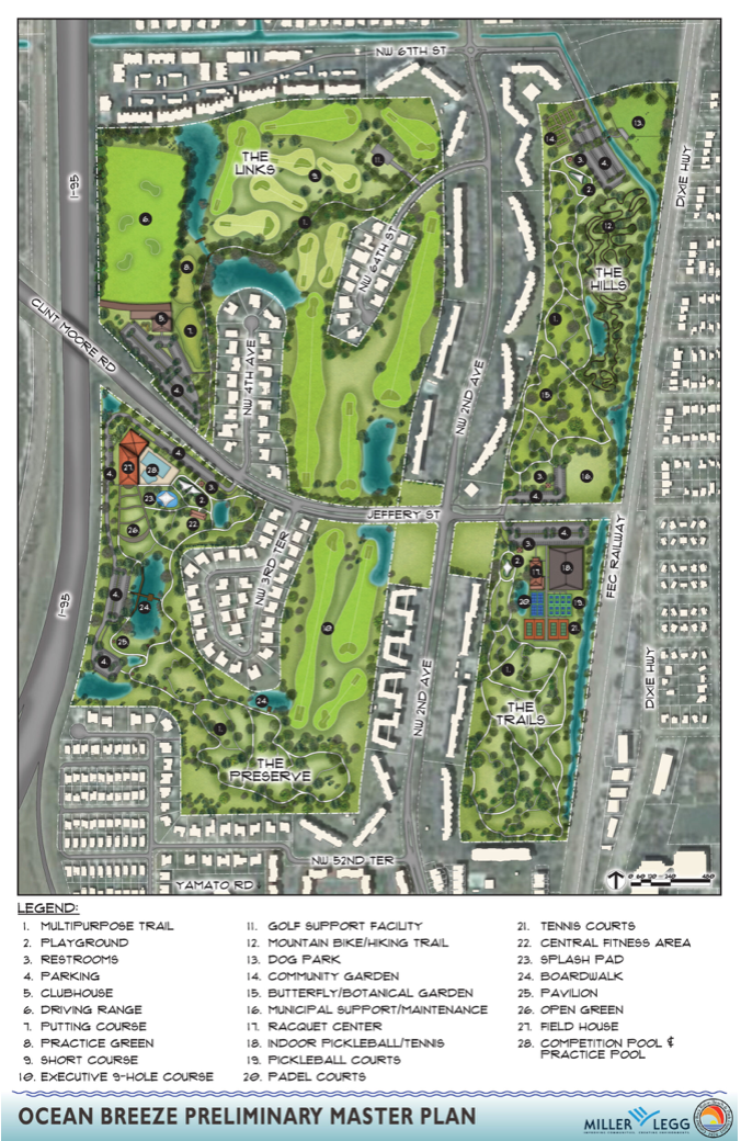 The preliminary master plan for the former Ocean Breeze Golf Club property in Boca Raton.