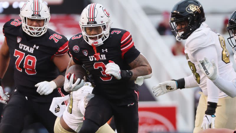 Utah Utes running back Ja’Quinden Jackson (3) runs against the Colorado Buffaloes in Salt Lake City on Saturday, Nov. 25, 2023. Utah won 23-17.