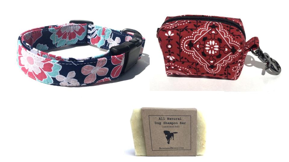 In addition to collars, leashes and scarves for dogs, Jeff Benes makes handmade dog shampoo and dog waste bag holders.