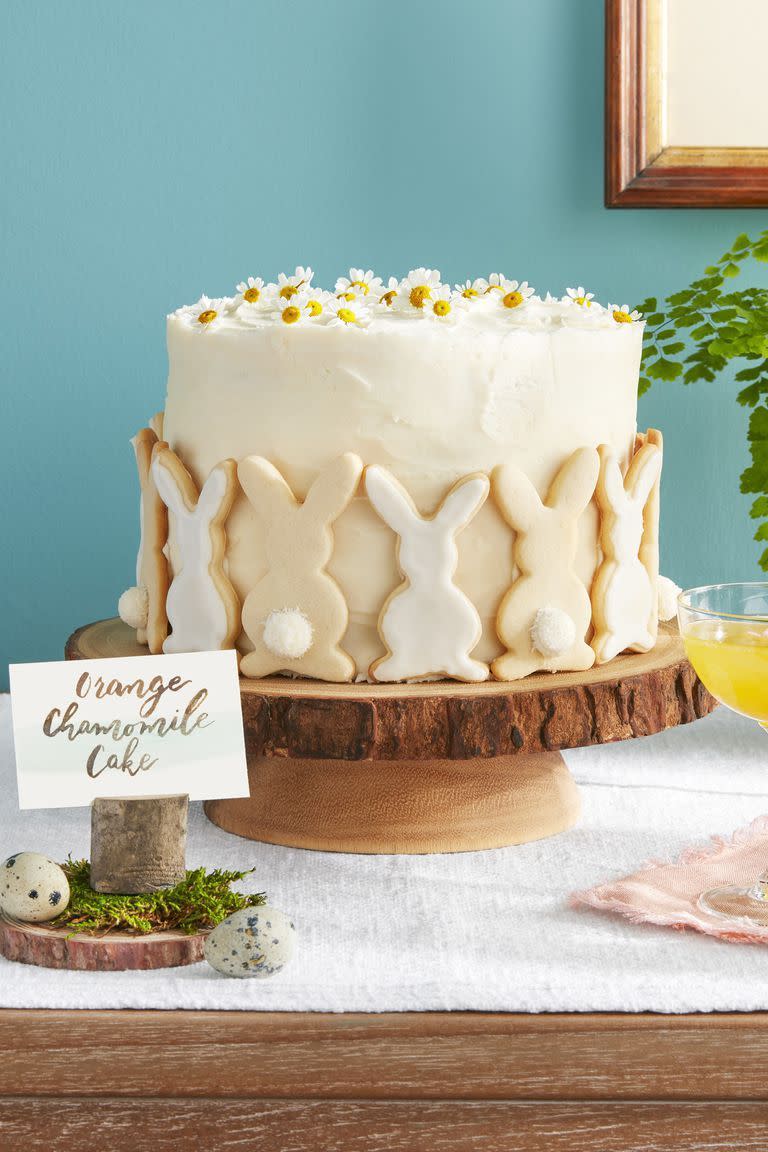 <p>The cute bunny cookies add a lot to this spring cake, but the edible chamomile flowers are the true topper.</p><p><strong><a href="https://www.countryliving.com/food-drinks/a19041891/orange-chamomile-cake-recipe/" rel="nofollow noopener" target="_blank" data-ylk="slk:Get the recipe.;elm:context_link;itc:0;sec:content-canvas" class="link ">Get the recipe.</a></strong></p><p><strong><a class="link " href="https://www.amazon.com/Alteya-Organics-Chamomile-Flowers/dp/B07MTFSKMT/?tag=syn-yahoo-20&ascsubtag=%5Bartid%7C10050.g.531%5Bsrc%7Cyahoo-us" rel="nofollow noopener" target="_blank" data-ylk="slk:SHOP CHAMOMILE FLOWERS;elm:context_link;itc:0;sec:content-canvas">SHOP CHAMOMILE FLOWERS</a><br></strong></p>