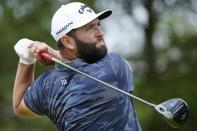 Spain's Jon Rahm plays his tee shot on the 18th hole during the third day of the British Open Golf Championships at the Royal Liverpool Golf Club in Hoylake, England, Saturday, July 22, 2023. (AP Photo/Jon Super)