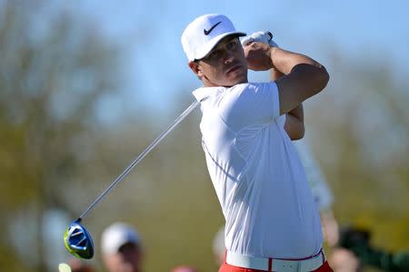 Feb 4, 2016; Scottsdale, AZ, USA; Brooks Koepka tees off on the 9th hole during the first round of the Waste Management Phoenix Open golf tournament at TPC Scottsdale. Mandatory Credit: Joe Camporeale-USA TODAY Sports